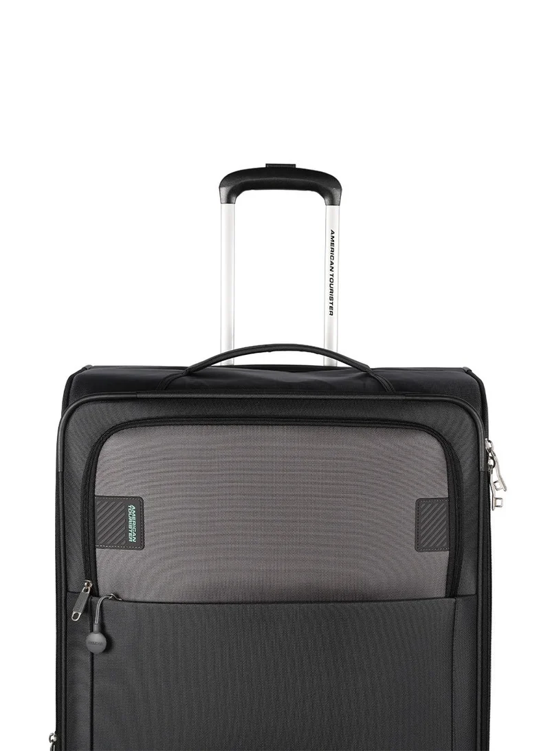 AMERICAN TOURISTER  Majoris + Suitcase, Check-In Size 83 cm, 4 Spinner Wheels, Soft Top, 100% Polyester, Black|Corner Guards|Multi Front Pocket|TSA Combination Lock|Expandable|Retractable Aluminum Handle - 3 Years International Warranty  | Best Price UAE